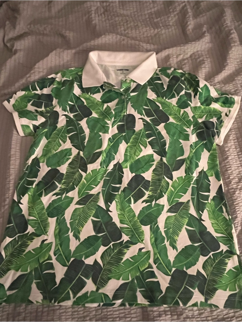 Lands’ End Women’s M Tropical Palm Leaf Print Polo Shirt Green White